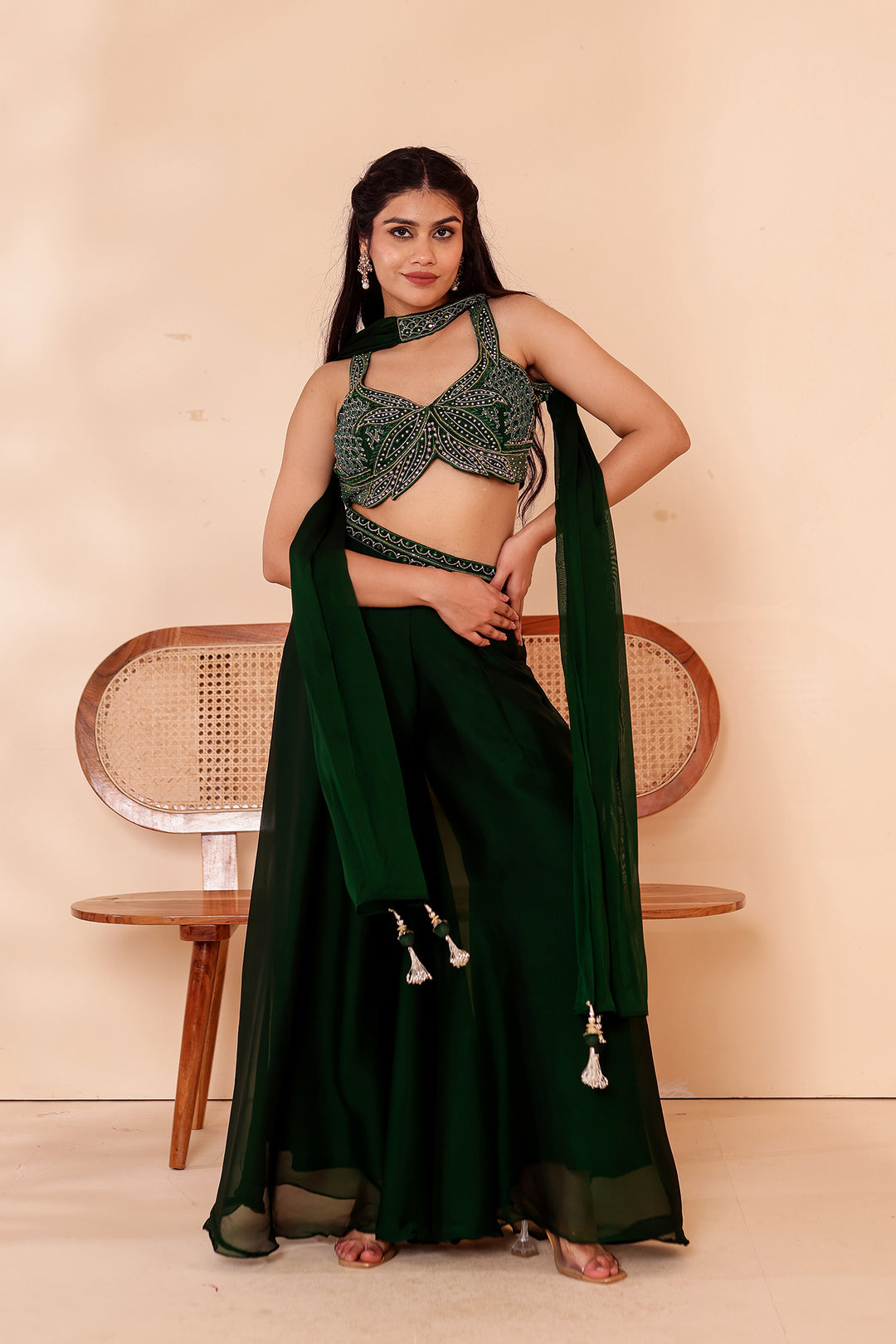 Bottle Green Crepe Tissue Silk Lehenga Choli.