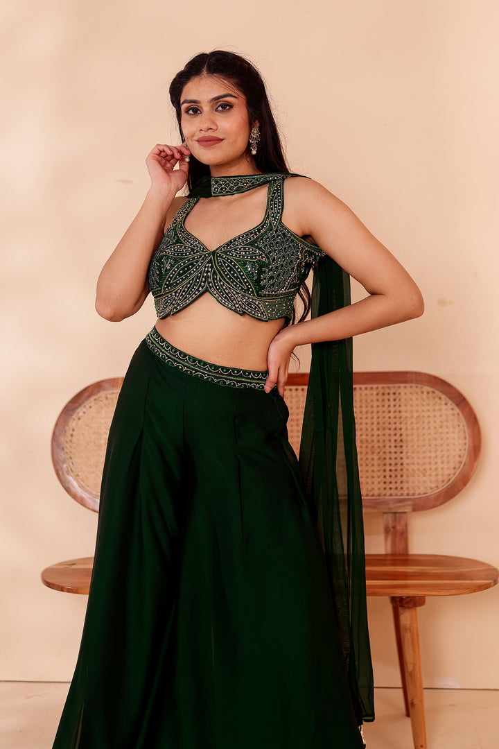 Bottle Green Crepe Tissue Silk Lehenga Choli.