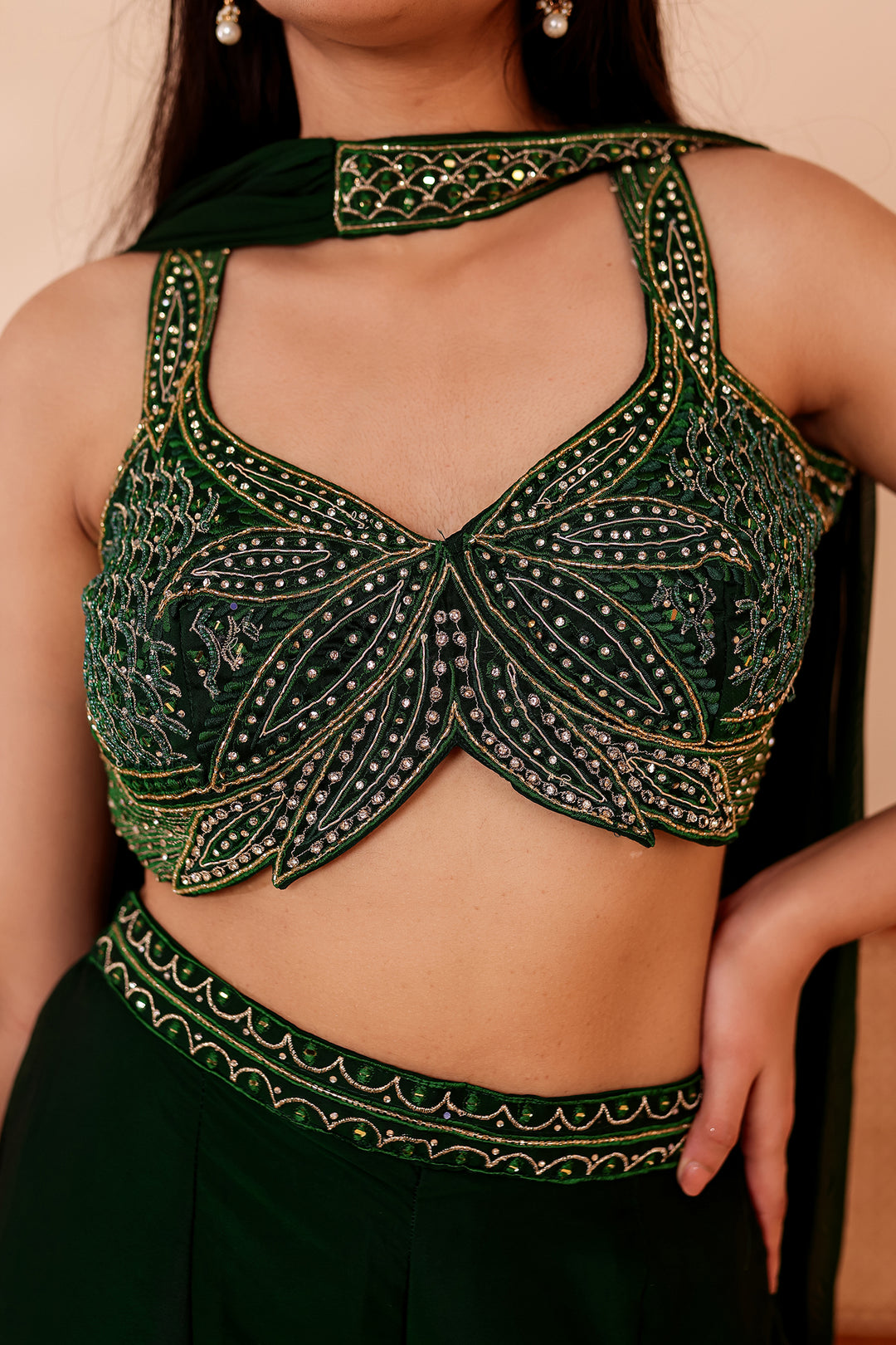 Bottle Green Crepe Tissue Silk Lehenga Choli.