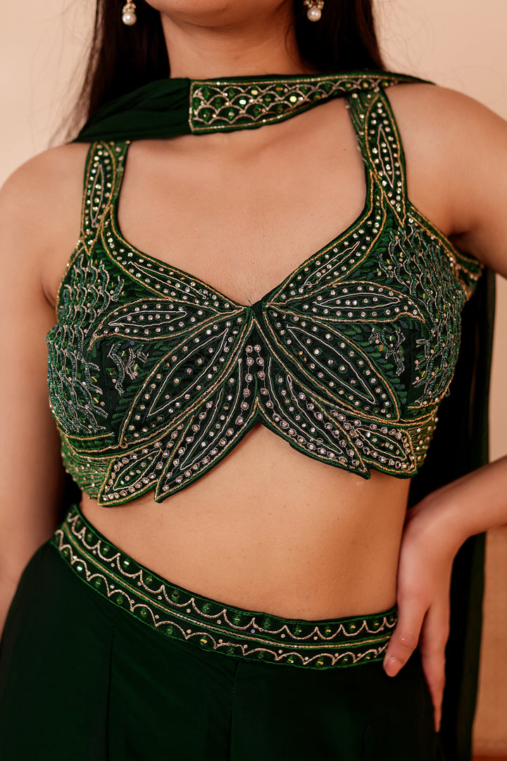 Bottle Green Crepe Tissue Silk Lehenga Choli.