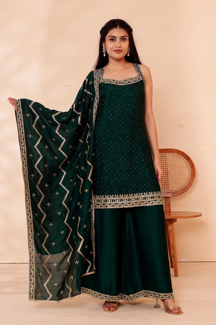 Bottle Green Vichitra Silk Palazzo Suit.