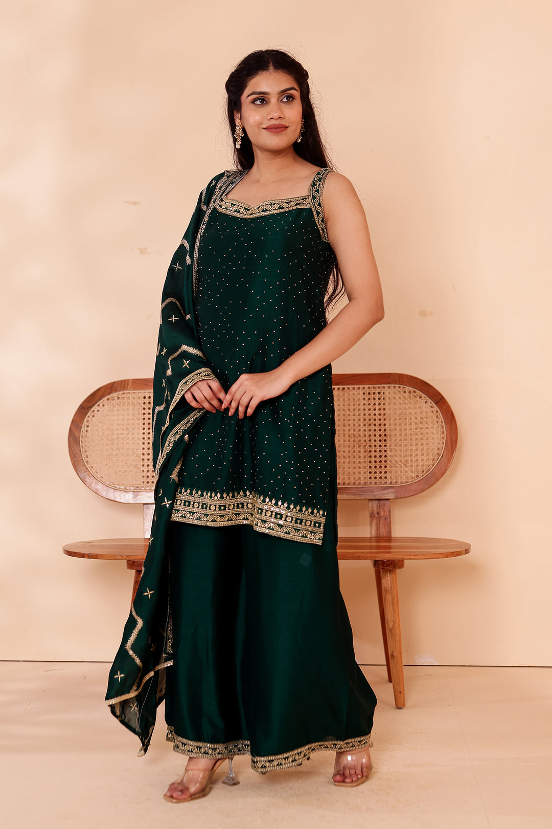 Bottle Green Vichitra Silk Palazzo Suit.