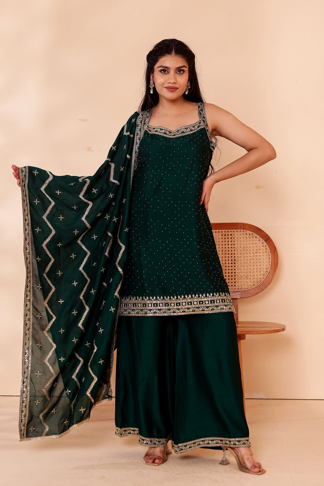 Bottle Green Vichitra Silk Palazzo Suit.
