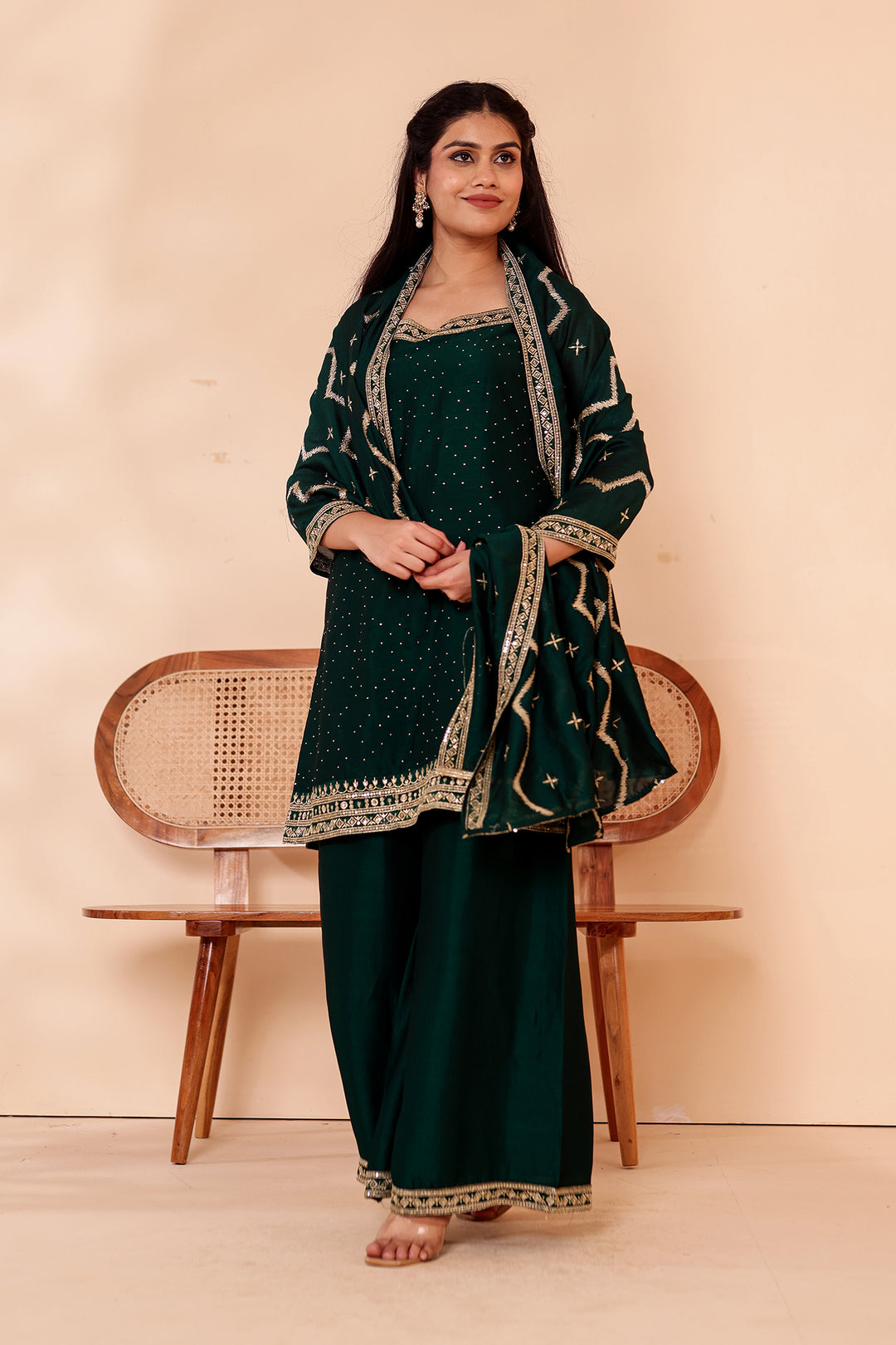 Bottle Green Vichitra Silk Palazzo Suit.