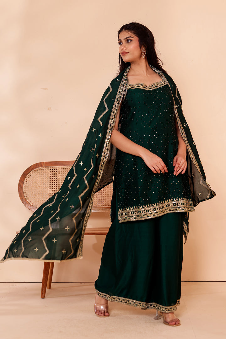 Bottle Green Vichitra Silk Palazzo Suit.