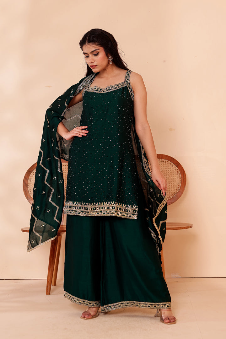 Bottle Green Vichitra Silk Palazzo Suit.