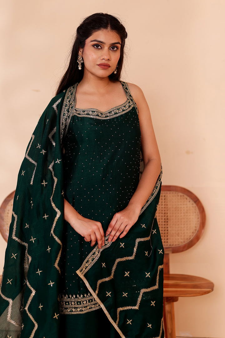 Bottle Green Vichitra Silk Palazzo Suit.