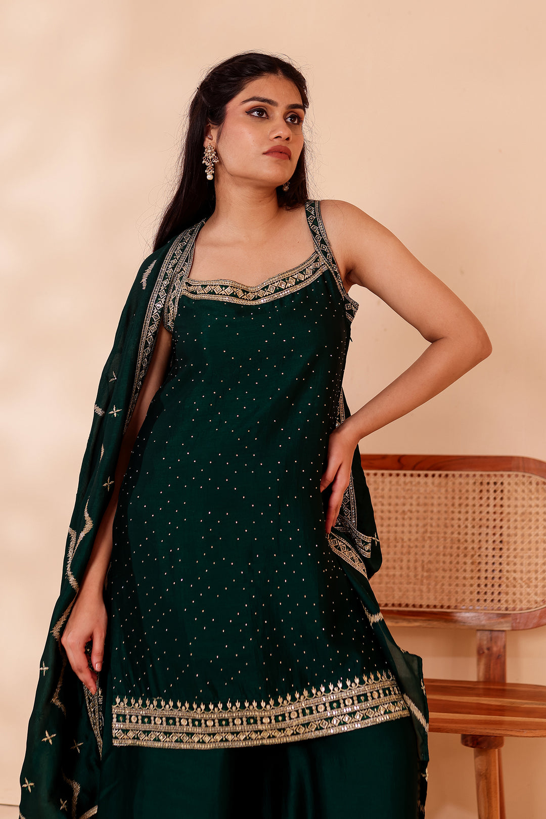Bottle Green Vichitra Silk Palazzo Suit.