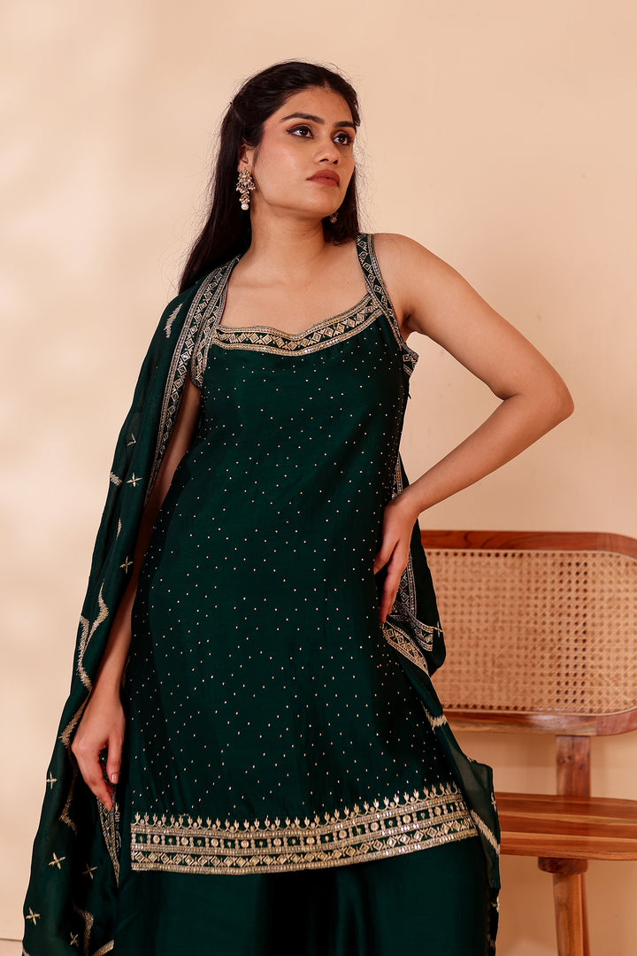 Bottle Green Vichitra Silk Palazzo Suit.