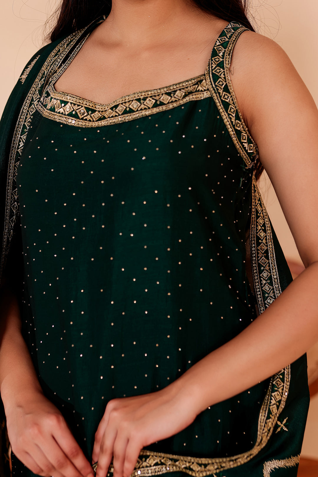 Bottle Green Vichitra Silk Palazzo Suit.