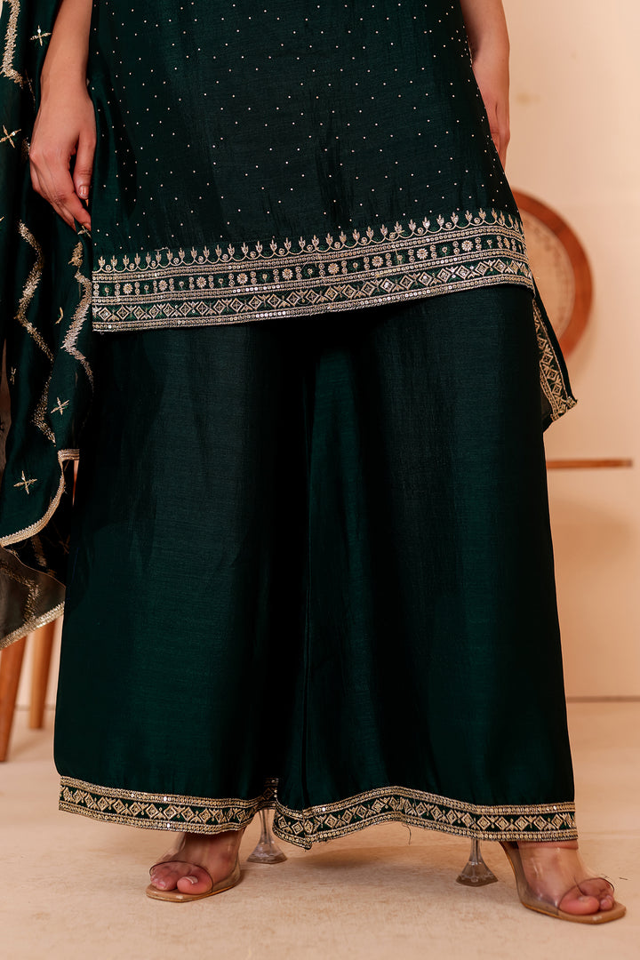 Bottle Green Vichitra Silk Palazzo Suit.