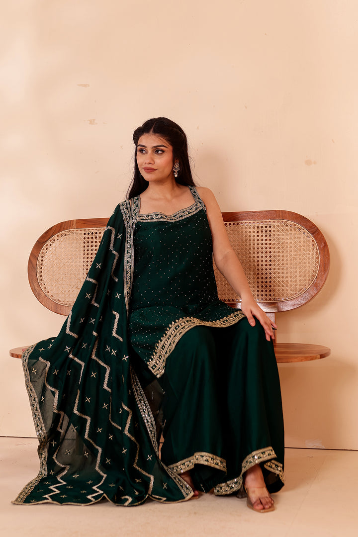 Bottle Green Vichitra Silk Palazzo Suit.