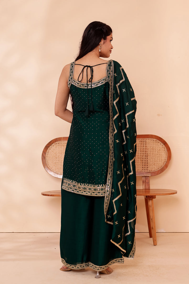 Bottle Green Vichitra Silk Palazzo Suit.