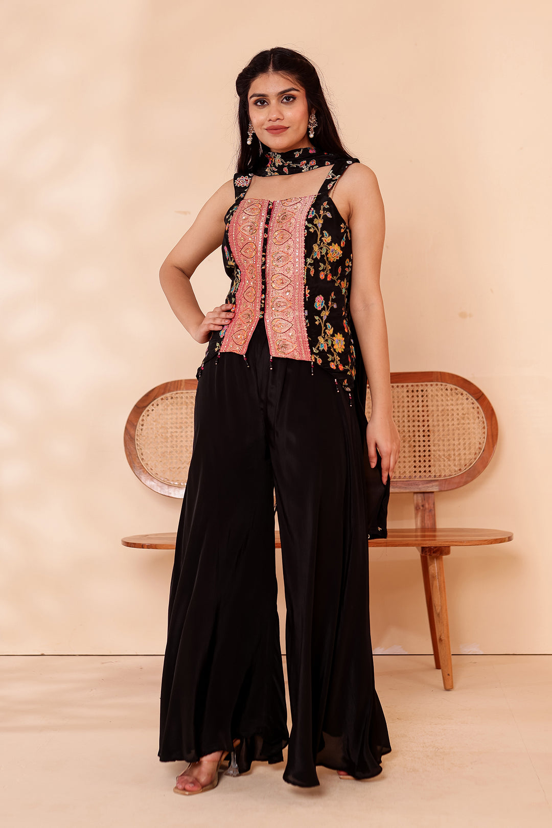 Black Crepe Silk Indo-Western Flared Palazzo Suit.