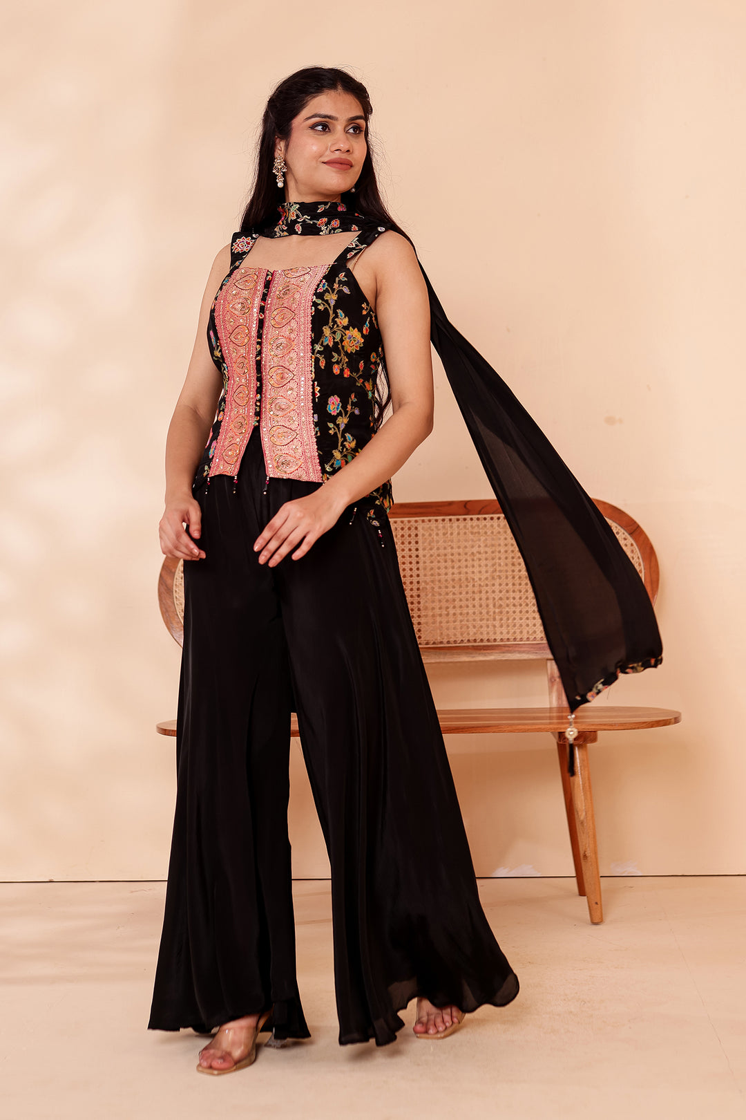 Black Crepe Silk Indo-Western Flared Palazzo Suit.