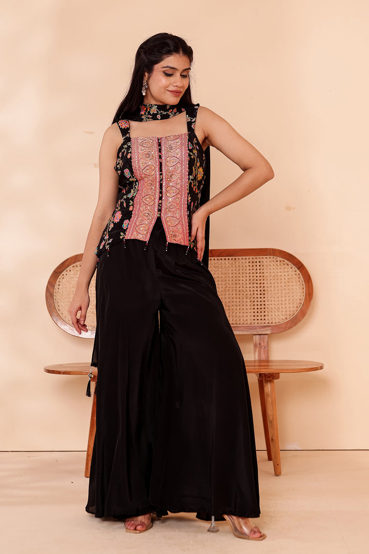 Black Crepe Silk Indo-Western Flared Palazzo Suit.