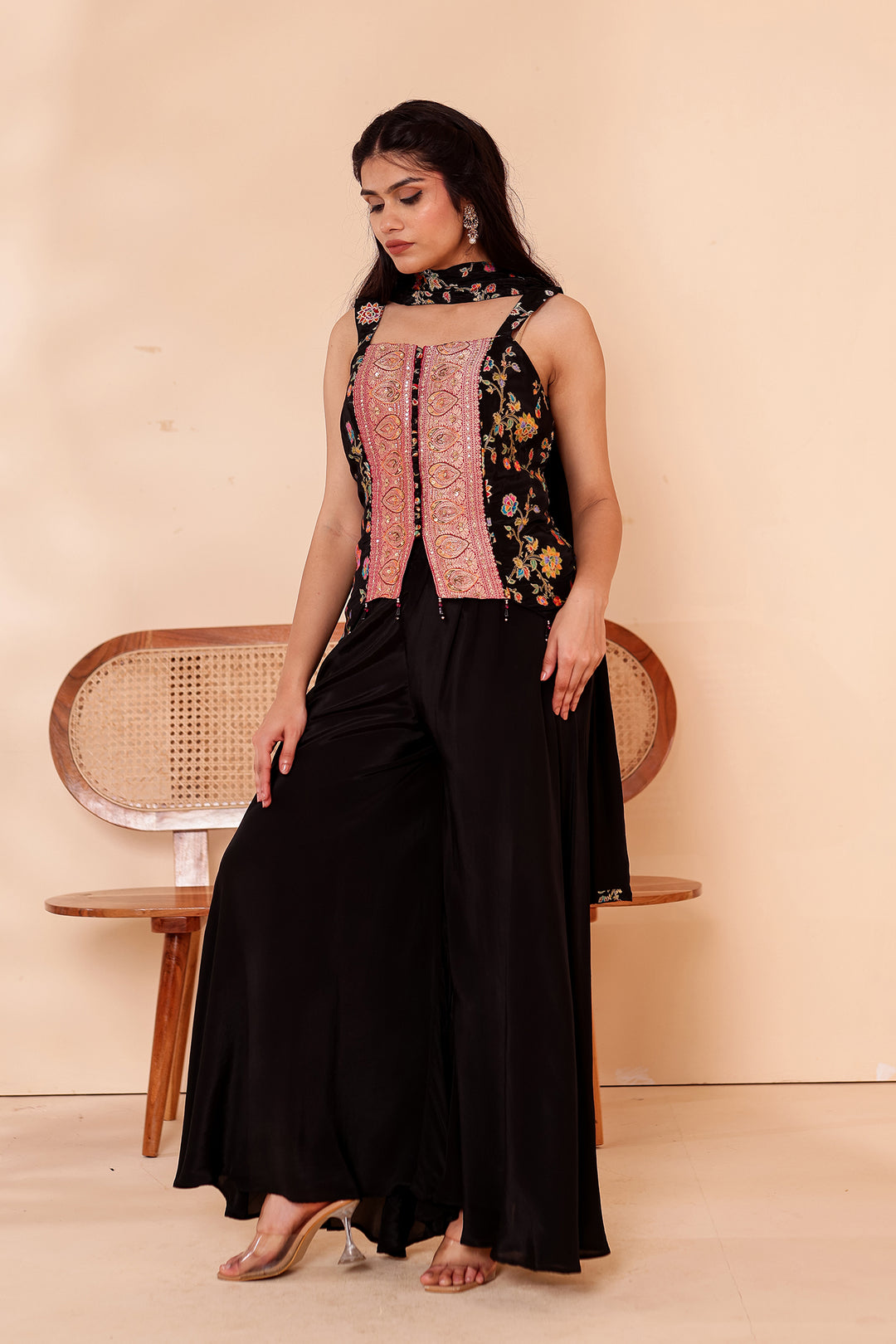 Black Crepe Silk Indo-Western Flared Palazzo Suit.