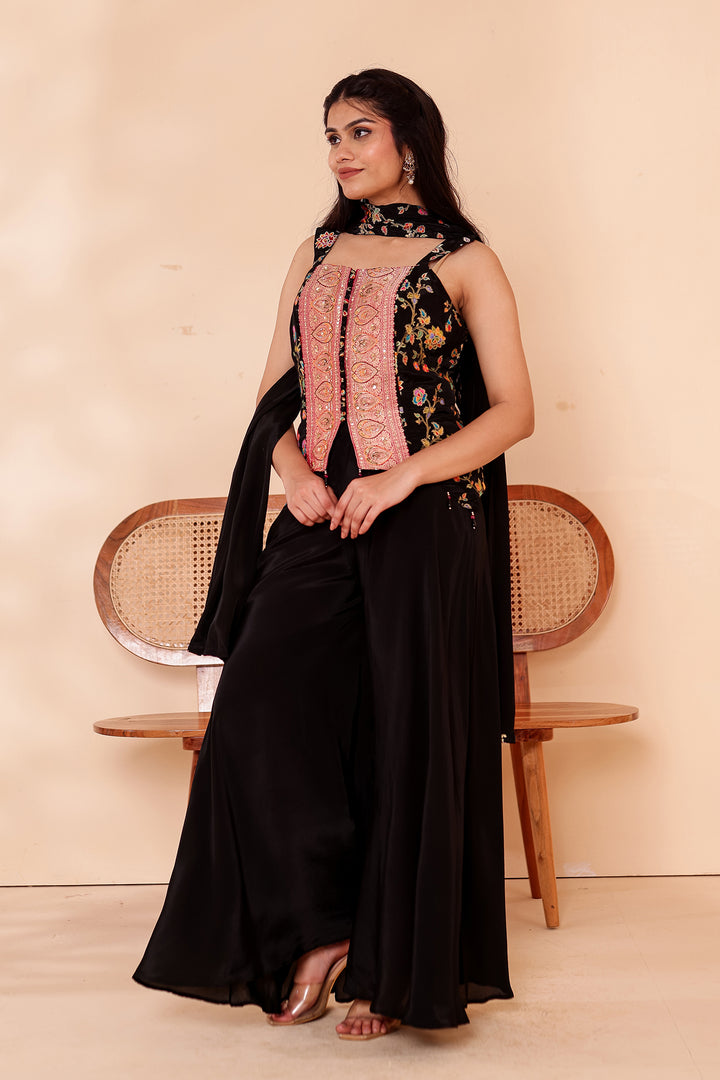 Black Crepe Silk Indo-Western Flared Palazzo Suit.