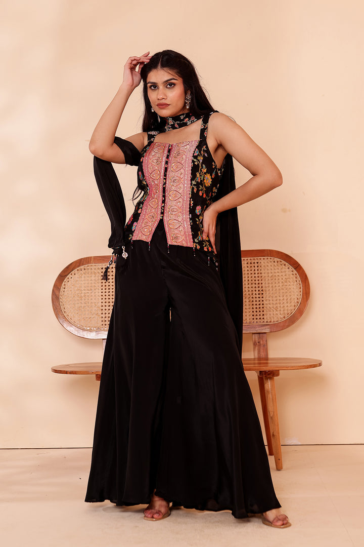 Black Crepe Silk Indo-Western Flared Palazzo Suit.