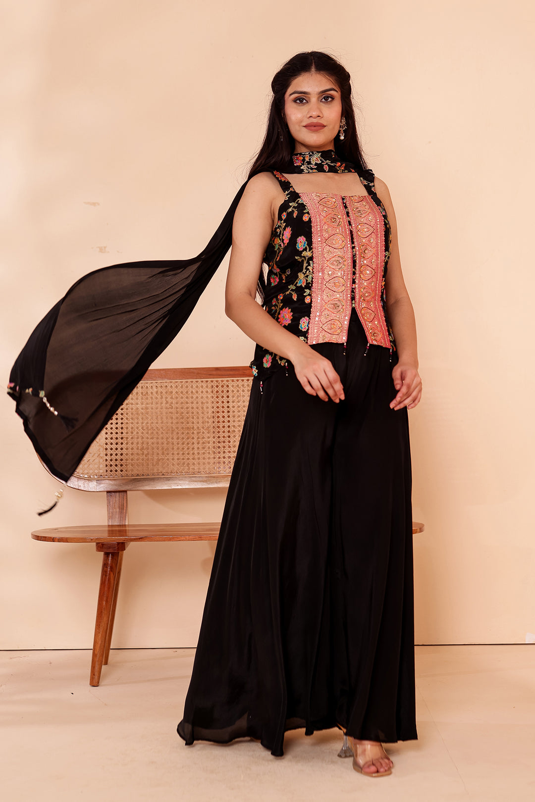 Black Crepe Silk Indo-Western Flared Palazzo Suit.