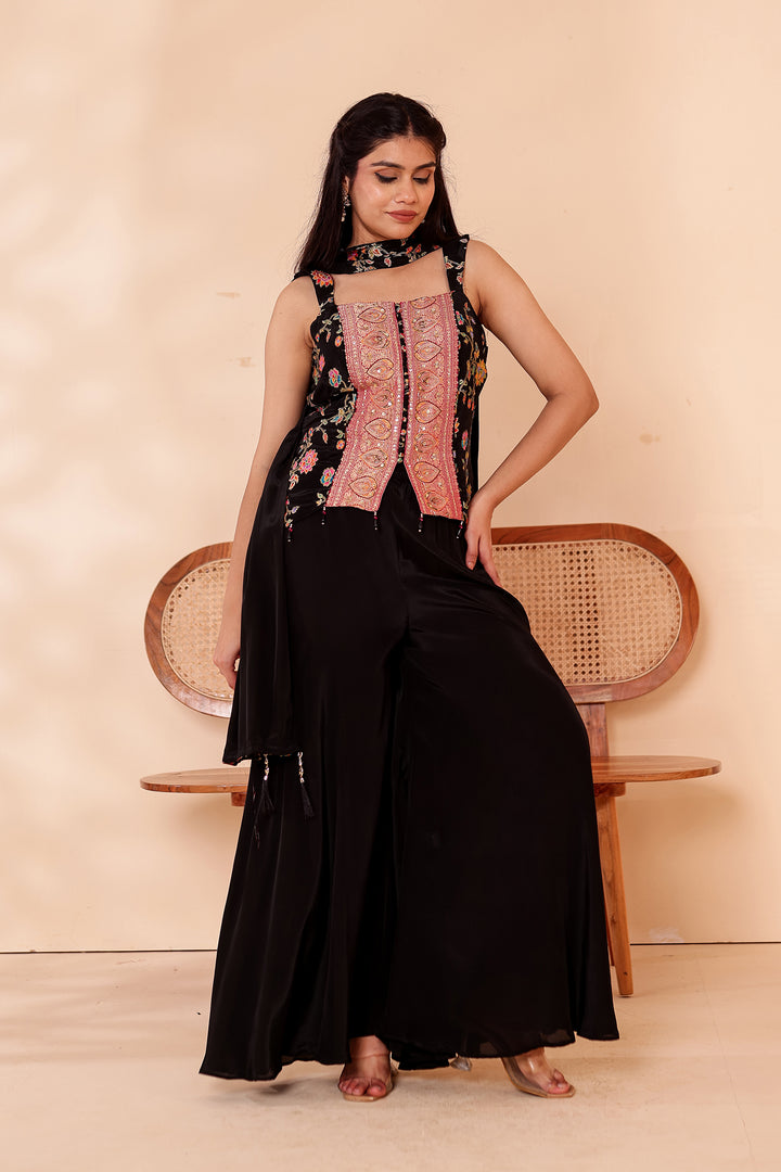 Black Crepe Silk Indo-Western Flared Palazzo Suit.