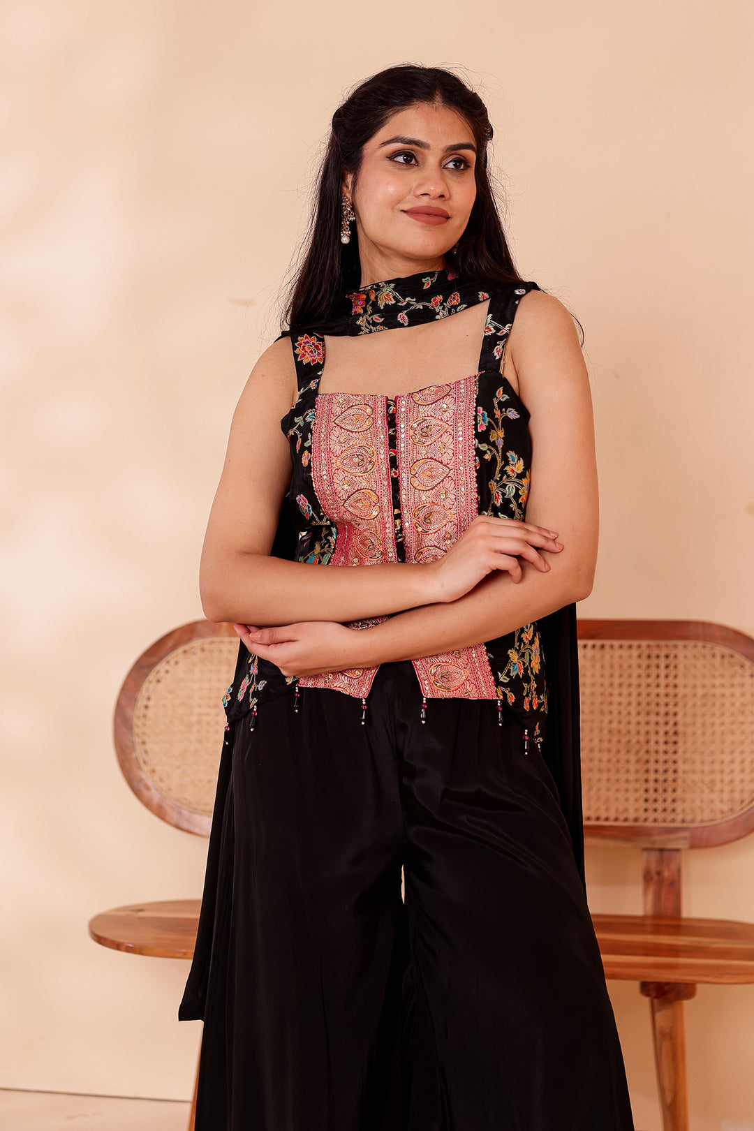 Black Crepe Silk Indo-Western Flared Palazzo Suit.