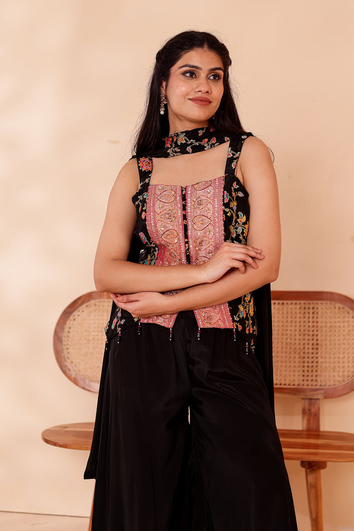 Black Crepe Silk Indo-Western Flared Palazzo Suit.