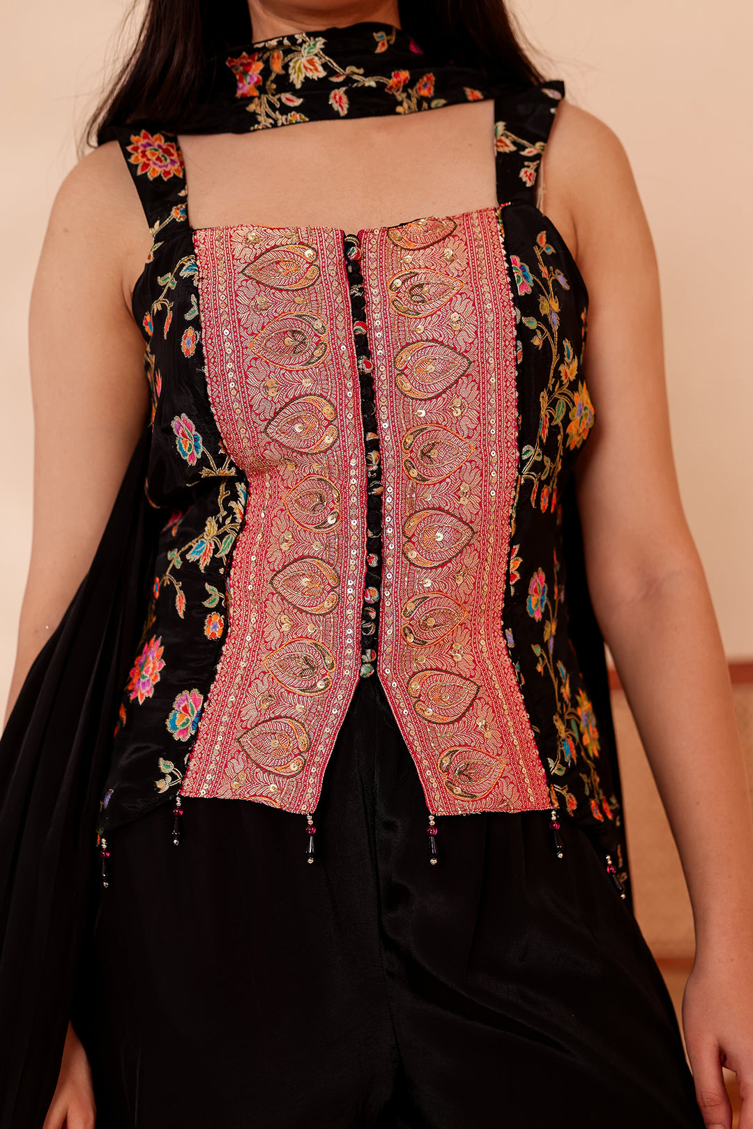 Black Crepe Silk Indo-Western Flared Palazzo Suit.