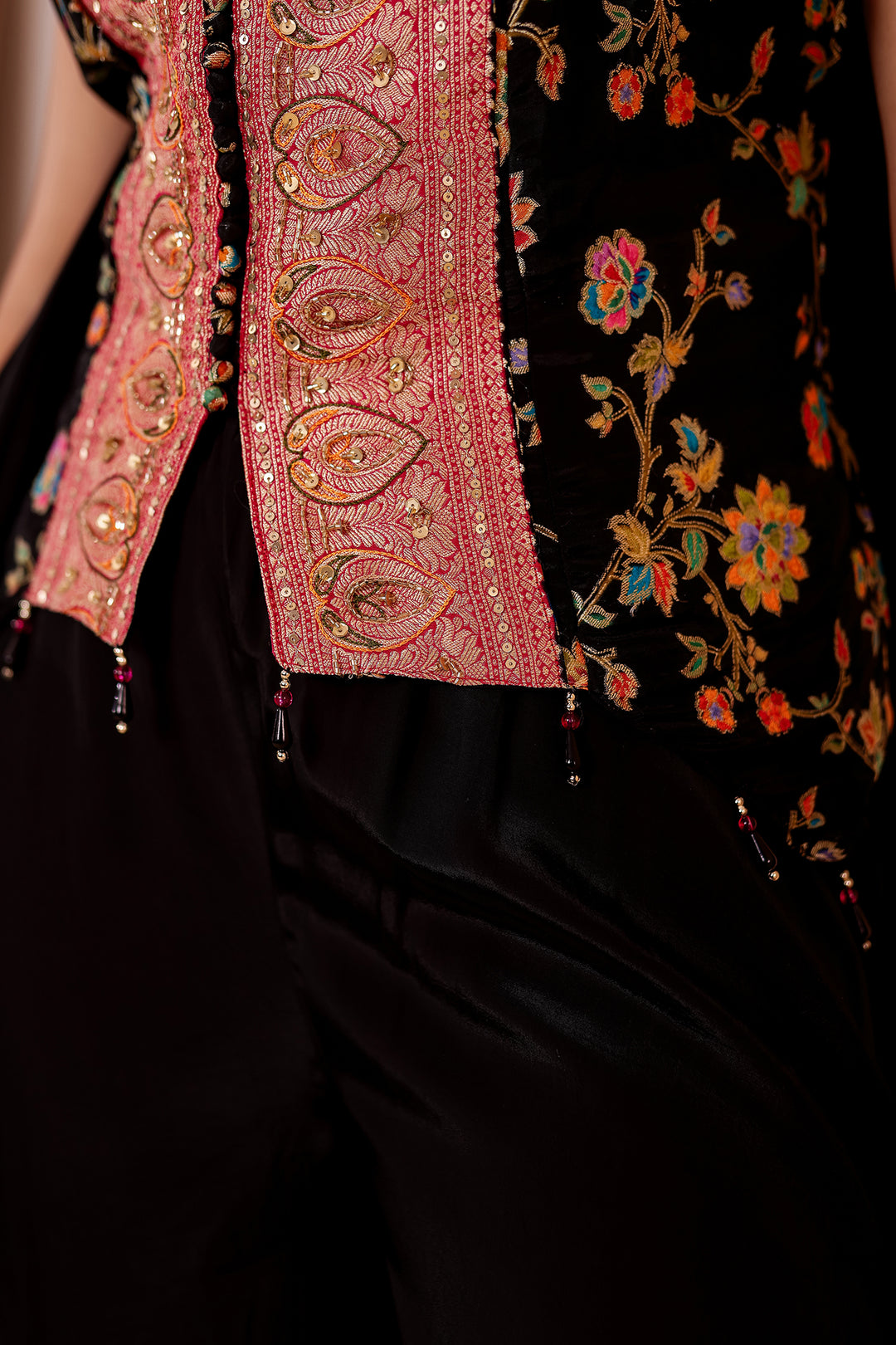Black Crepe Silk Indo-Western Flared Palazzo Suit.