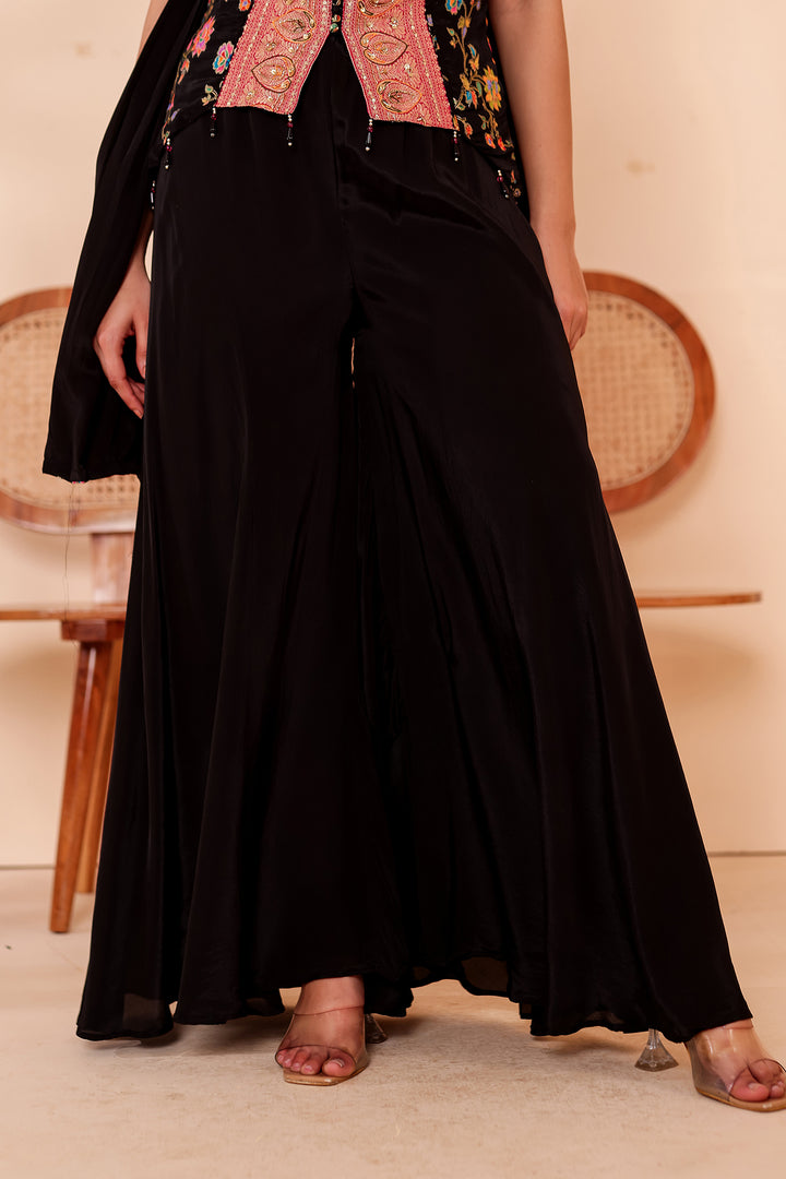 Black Crepe Silk Indo-Western Flared Palazzo Suit.