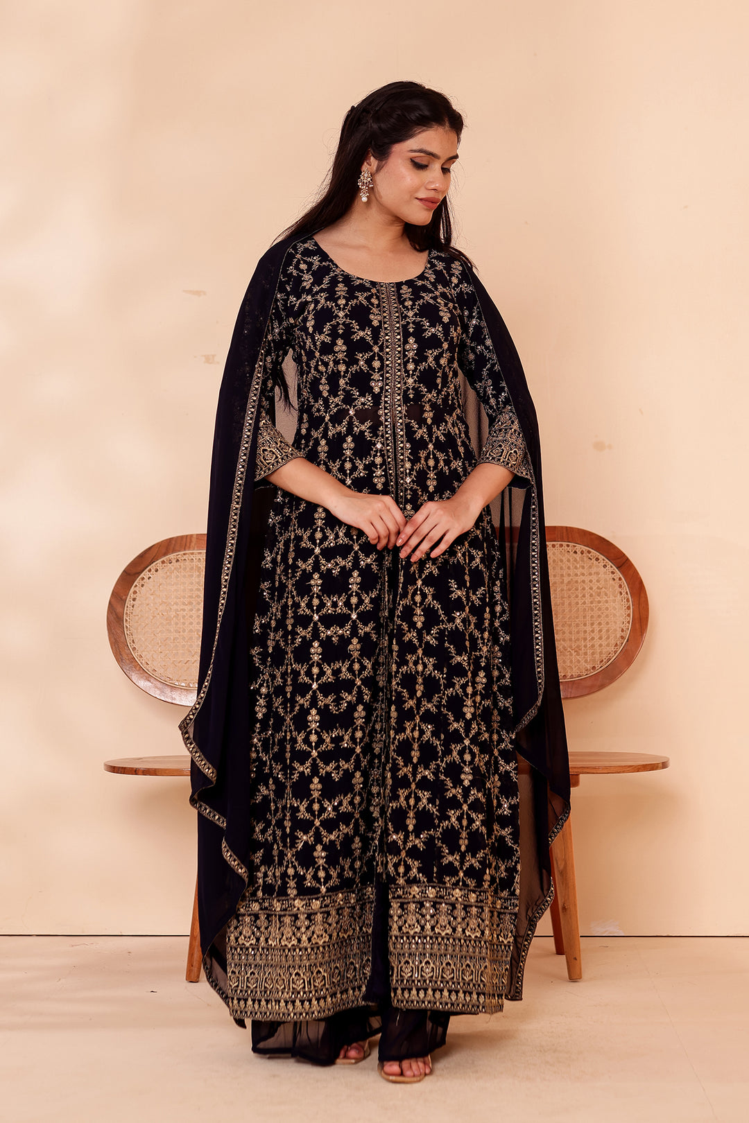 Blue Georgette Long Anarkali with Palazzo.