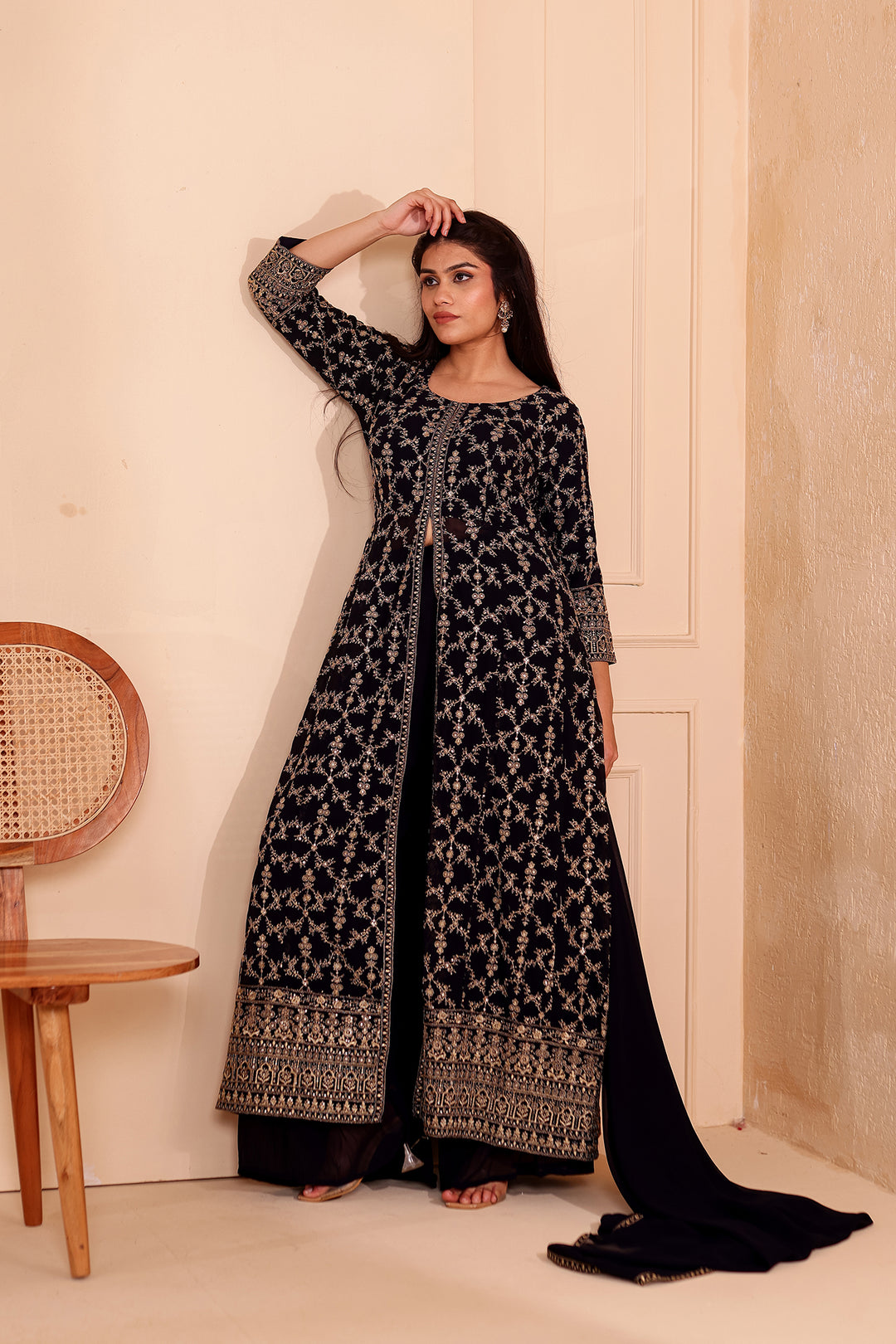 Blue Georgette Long Anarkali with Palazzo.