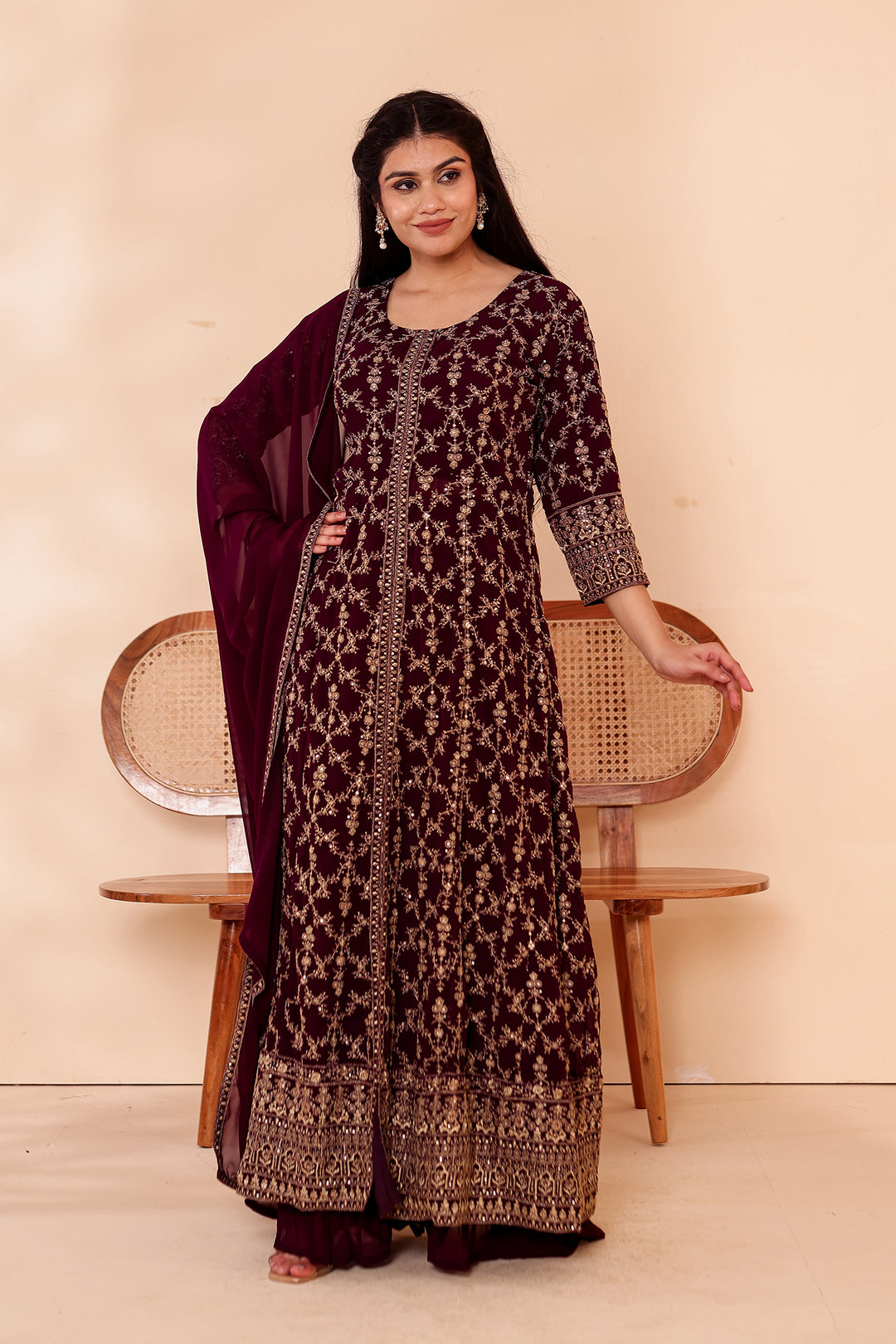 Dark Purple Georgette Long Anarkali with Palazzo.