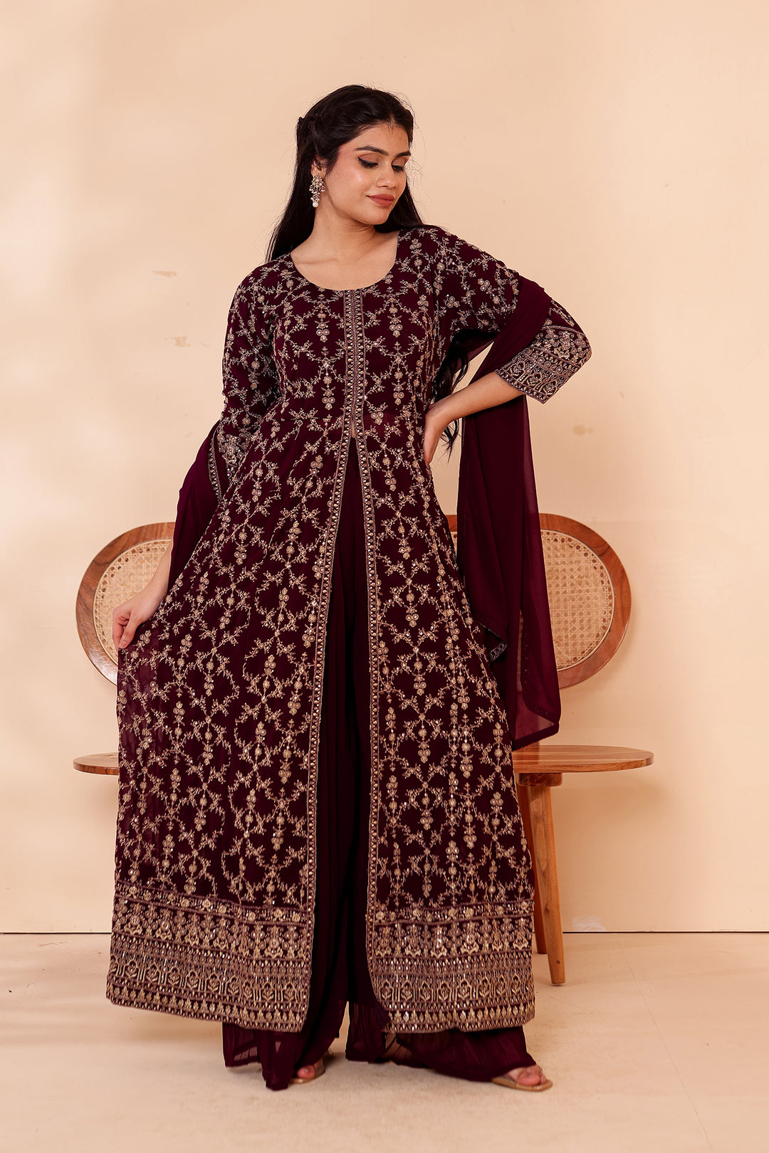 Dark Purple Georgette Long Anarkali with Palazzo.