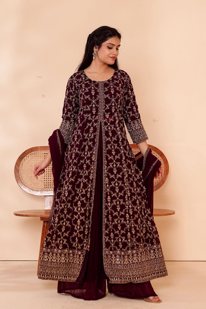 Dark Purple Georgette Long Anarkali with Palazzo.