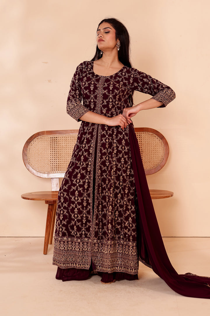 Dark Purple Georgette Long Anarkali with Palazzo.