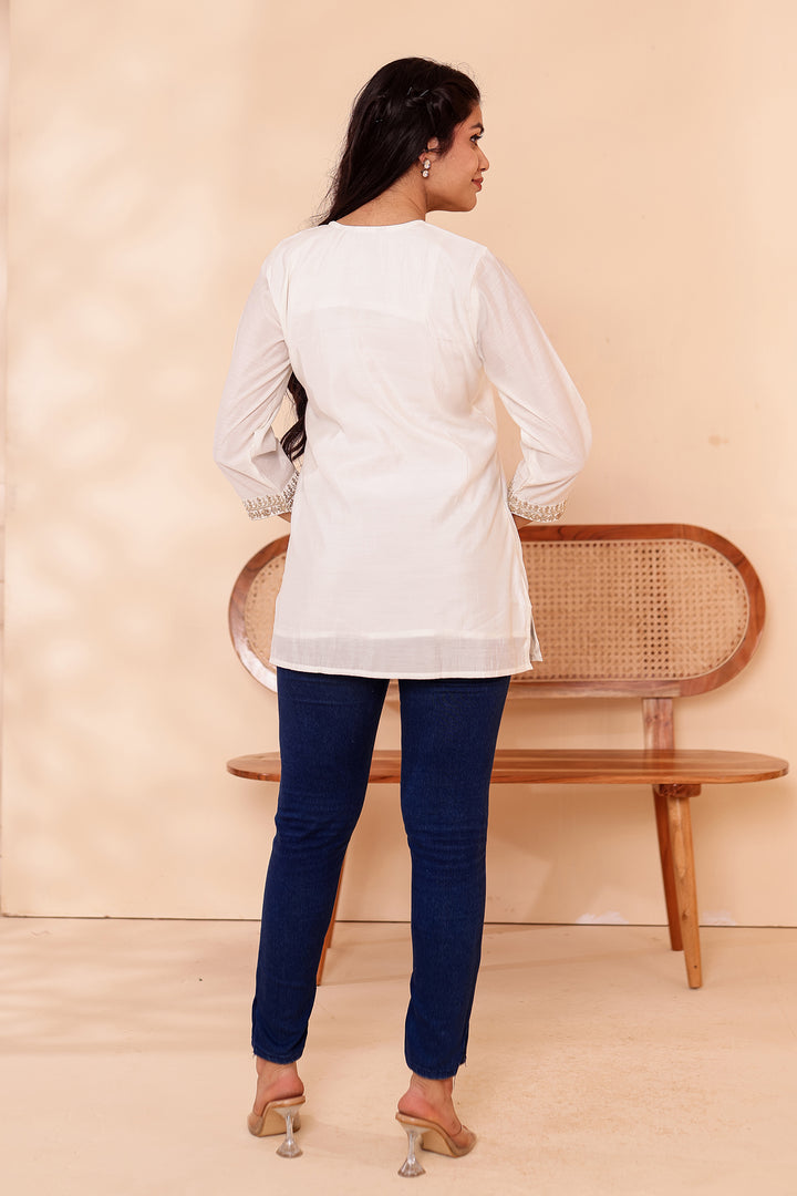 Off White Chanderi Silk Short Kurti Top with Gold Thread Work.