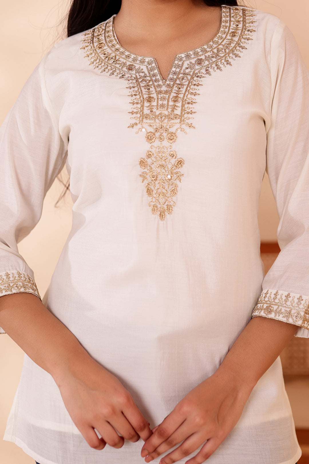 Off White Chanderi Silk Short Kurti Top with Gold Thread Work.