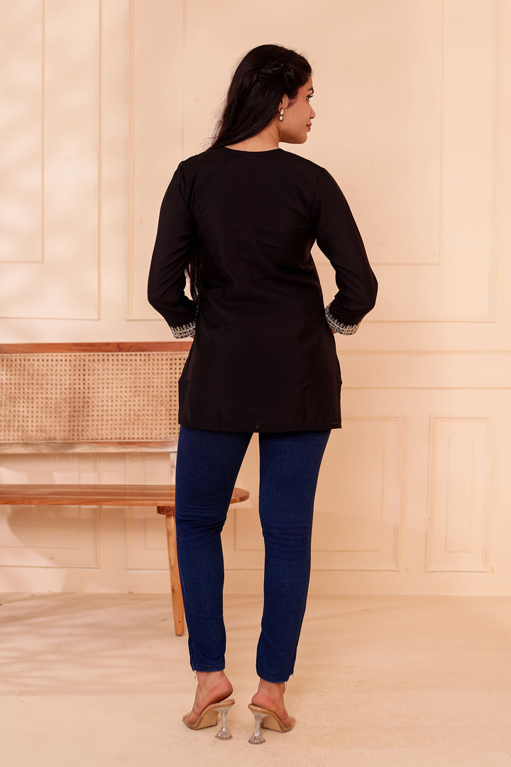 Black Chanderi Silk Short Kurti Top with Gold Thread Work.