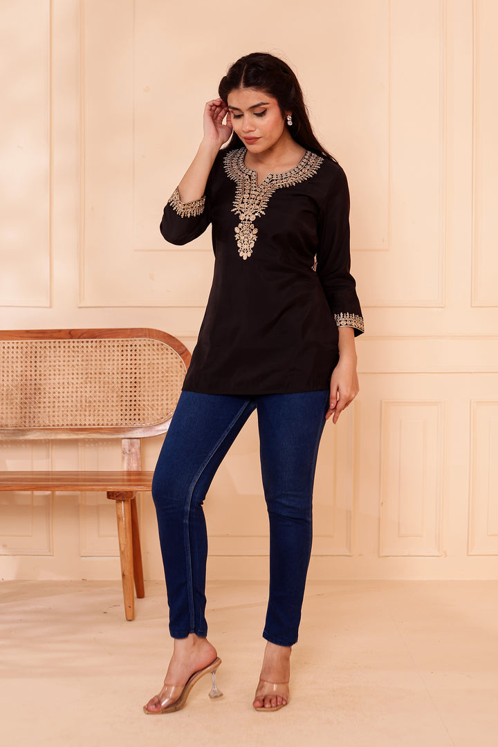 Black Chanderi Silk Short Kurti Top with Gold Thread Work.