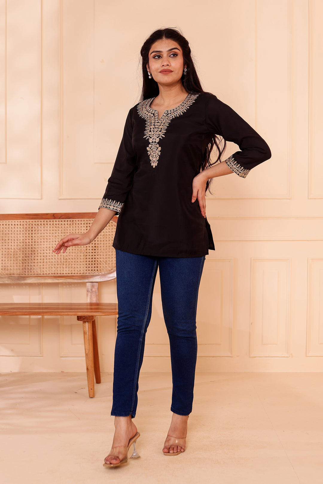Black Chanderi Silk Short Kurti Top with Gold Thread Work.