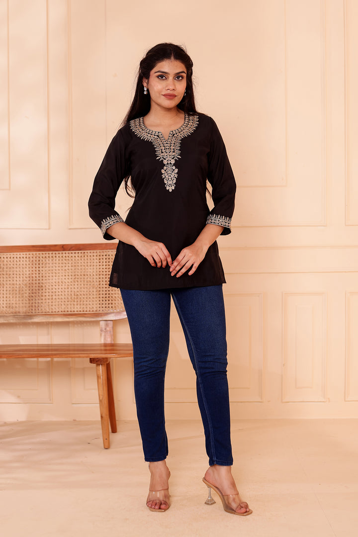 Black Chanderi Silk Short Kurti Top with Gold Thread Work.