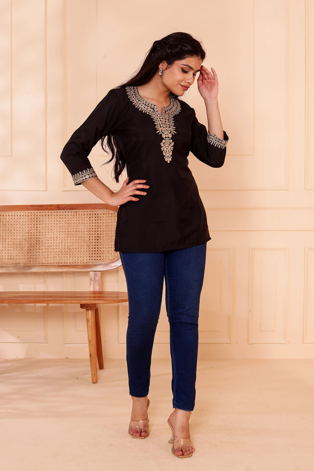 Black Chanderi Silk Short Kurti Top with Gold Thread Work.