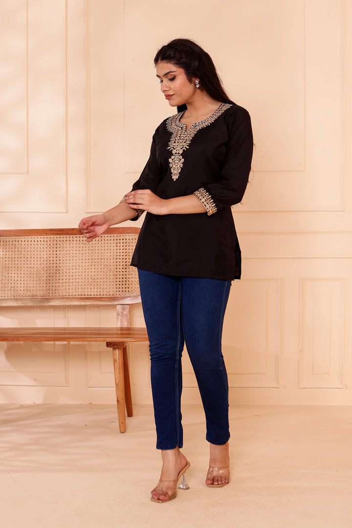 Black Chanderi Silk Short Kurti Top with Gold Thread Work.
