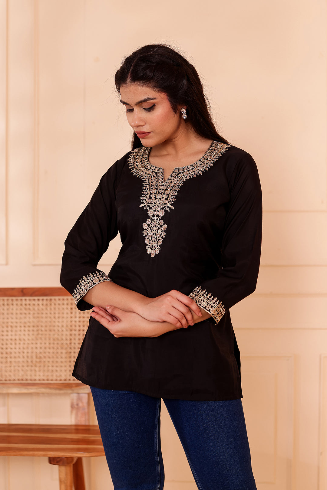 Black Chanderi Silk Short Kurti Top with Gold Thread Work.