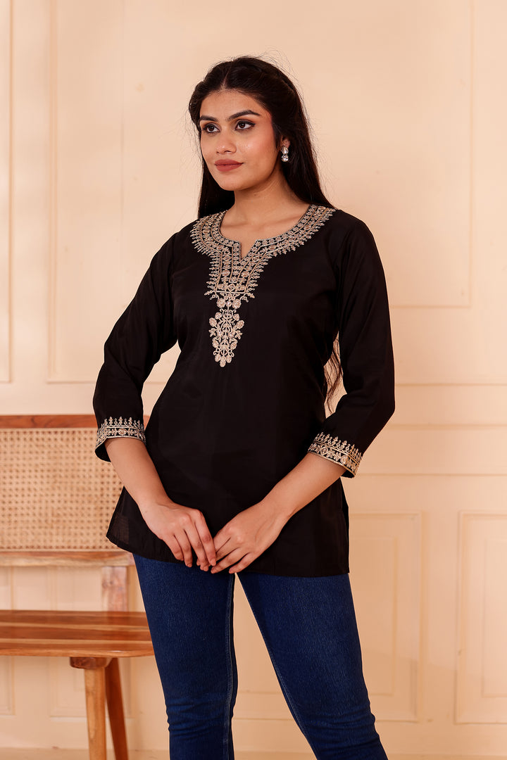Black Chanderi Silk Short Kurti Top with Gold Thread Work.