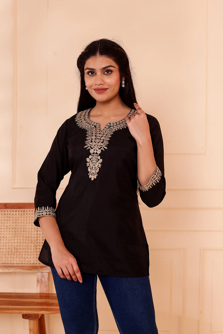 Black Chanderi Silk Short Kurti Top with Gold Thread Work.