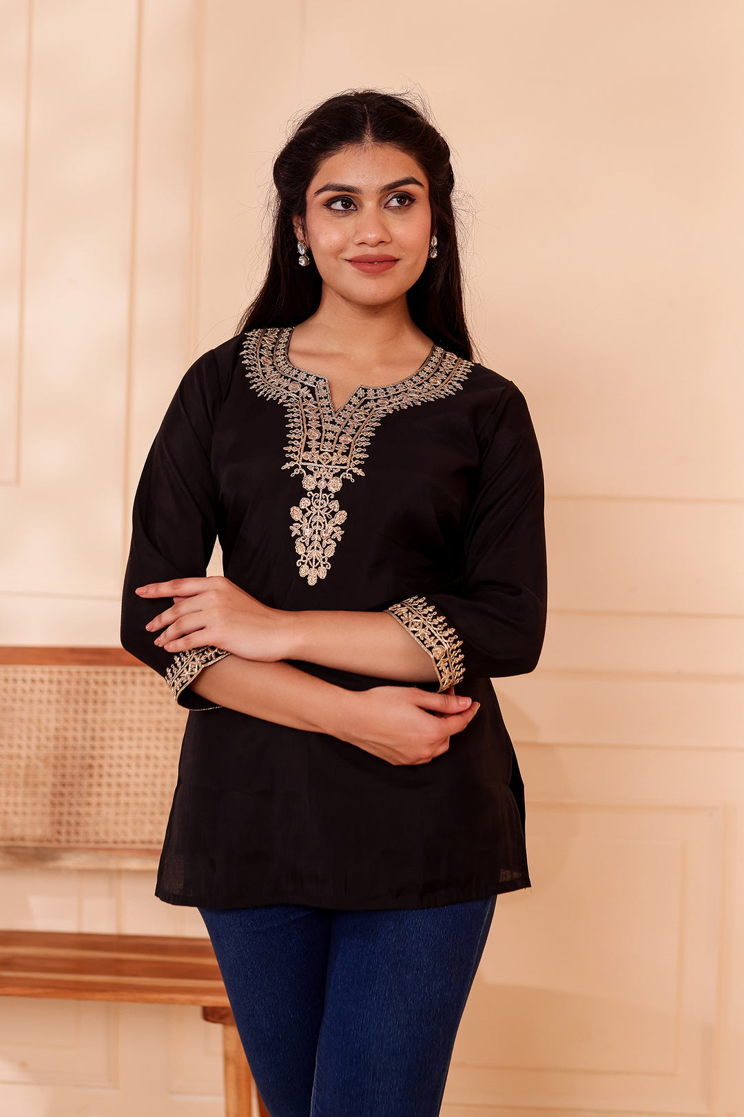 Black Chanderi Silk Short Kurti Top with Gold Thread Work.