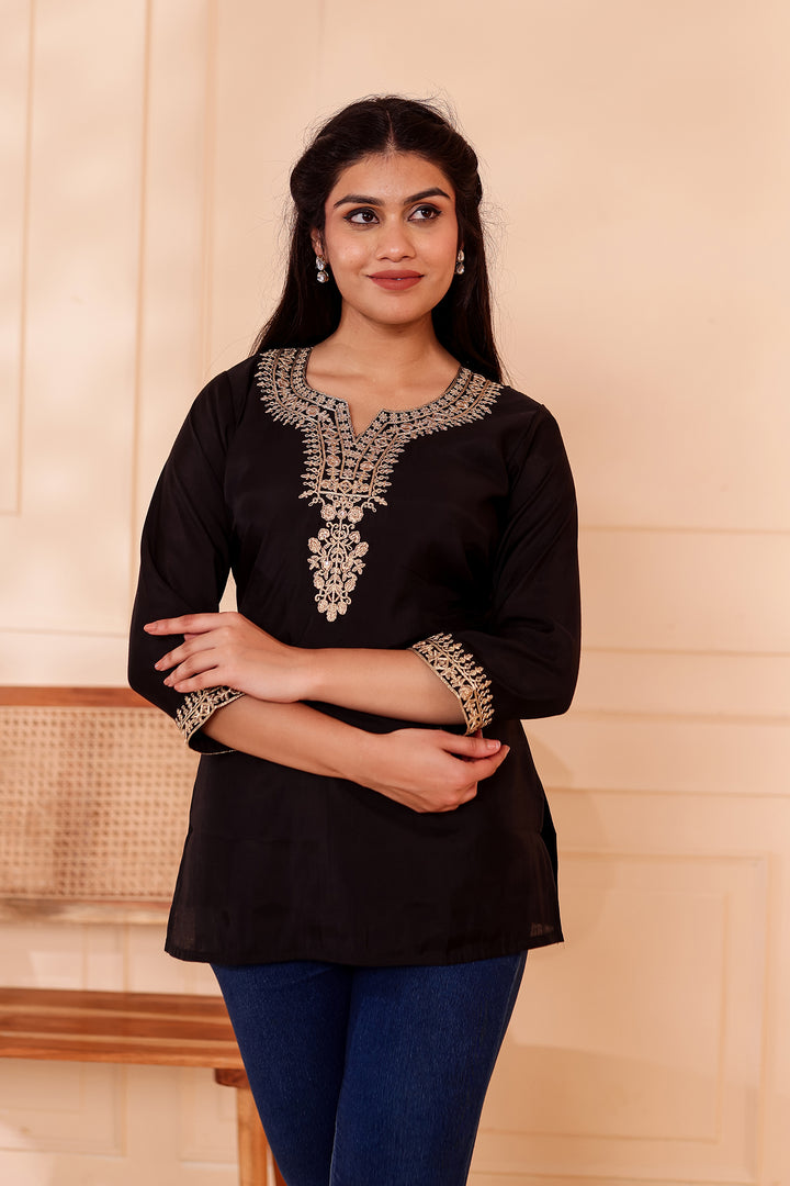Black Chanderi Silk Short Kurti Top with Gold Thread Work.