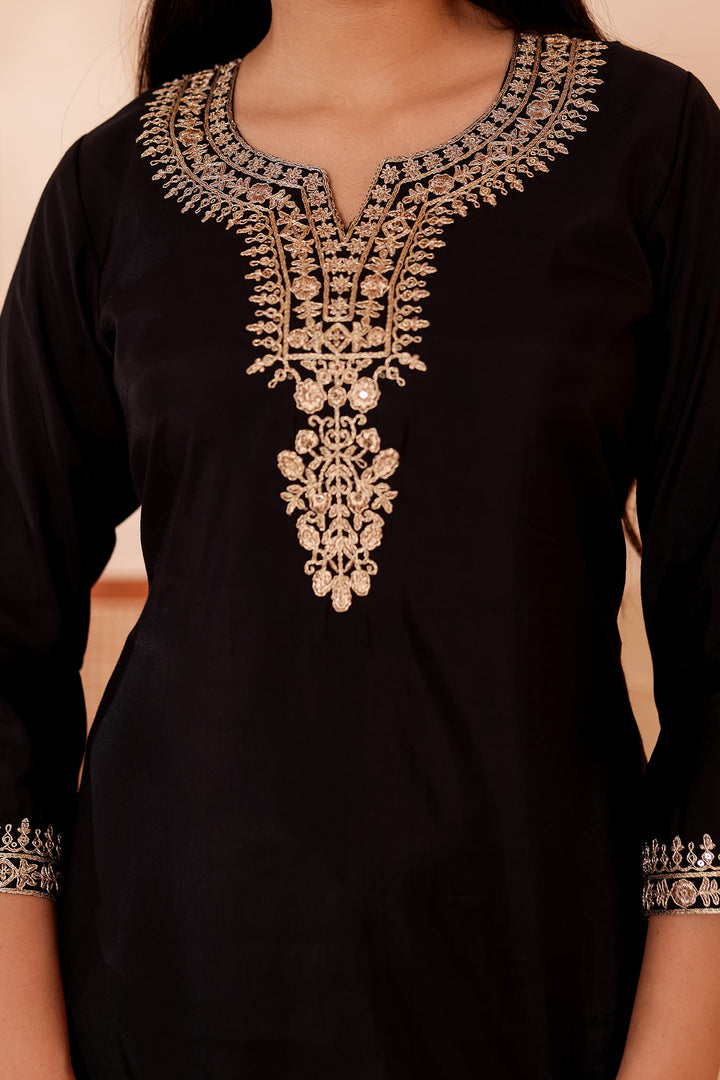 Black Chanderi Silk Short Kurti Top with Gold Thread Work.